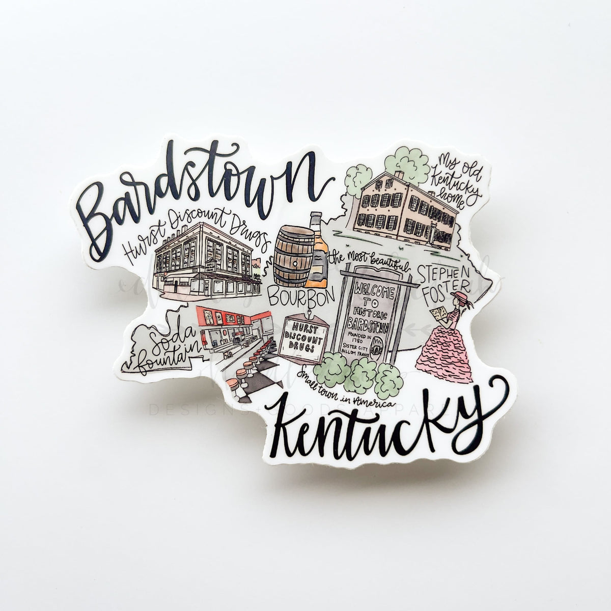 A sticker depicting a map and notable landmarks of Bardstown Kentucky, with hand-drawn illustrations and typography.