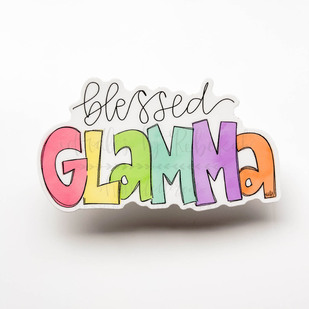 A colorful sticker with the text 'Blessed Glamma' in a circular shape, designed for use on various surfaces.