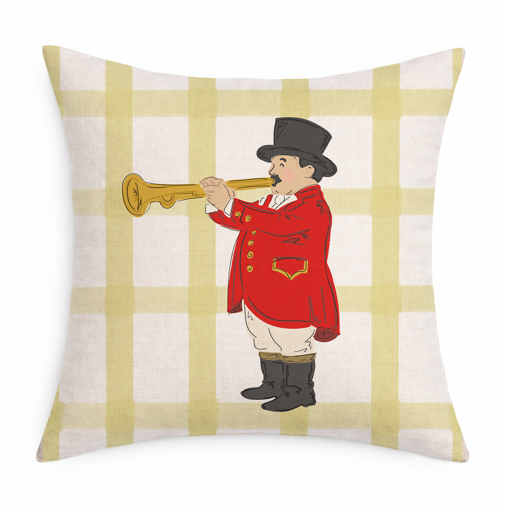 Decorative pillow with a plaid pattern and a character in a red coat blowing a horn.