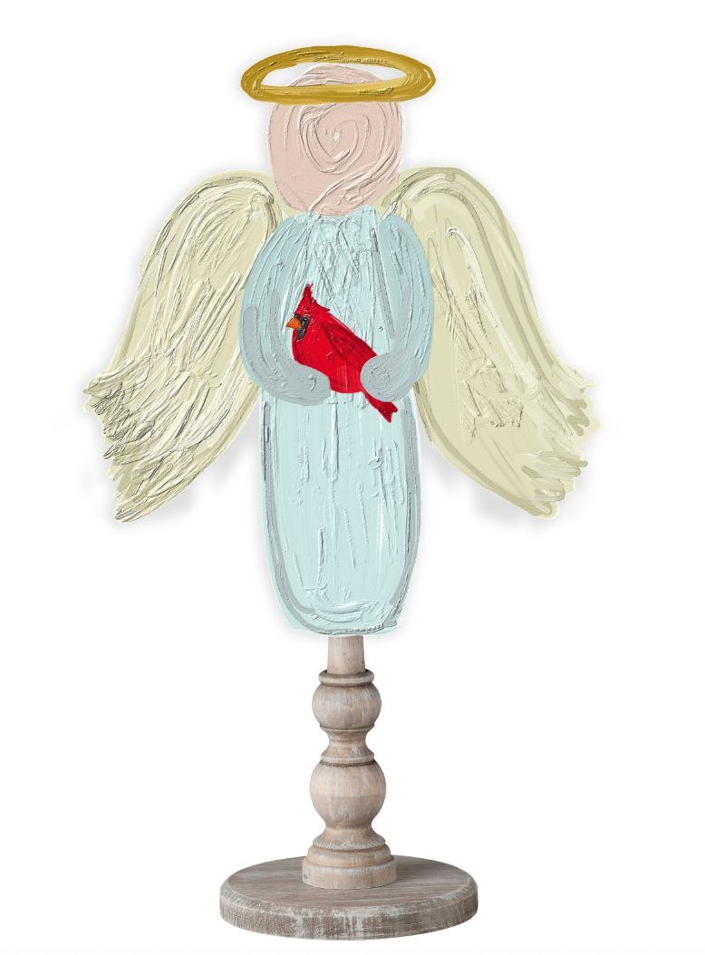 Doodles by Rebekah whimsical angel tabletop decor featuring a hand-painted cardinal bird on a rustic turned wood stand.