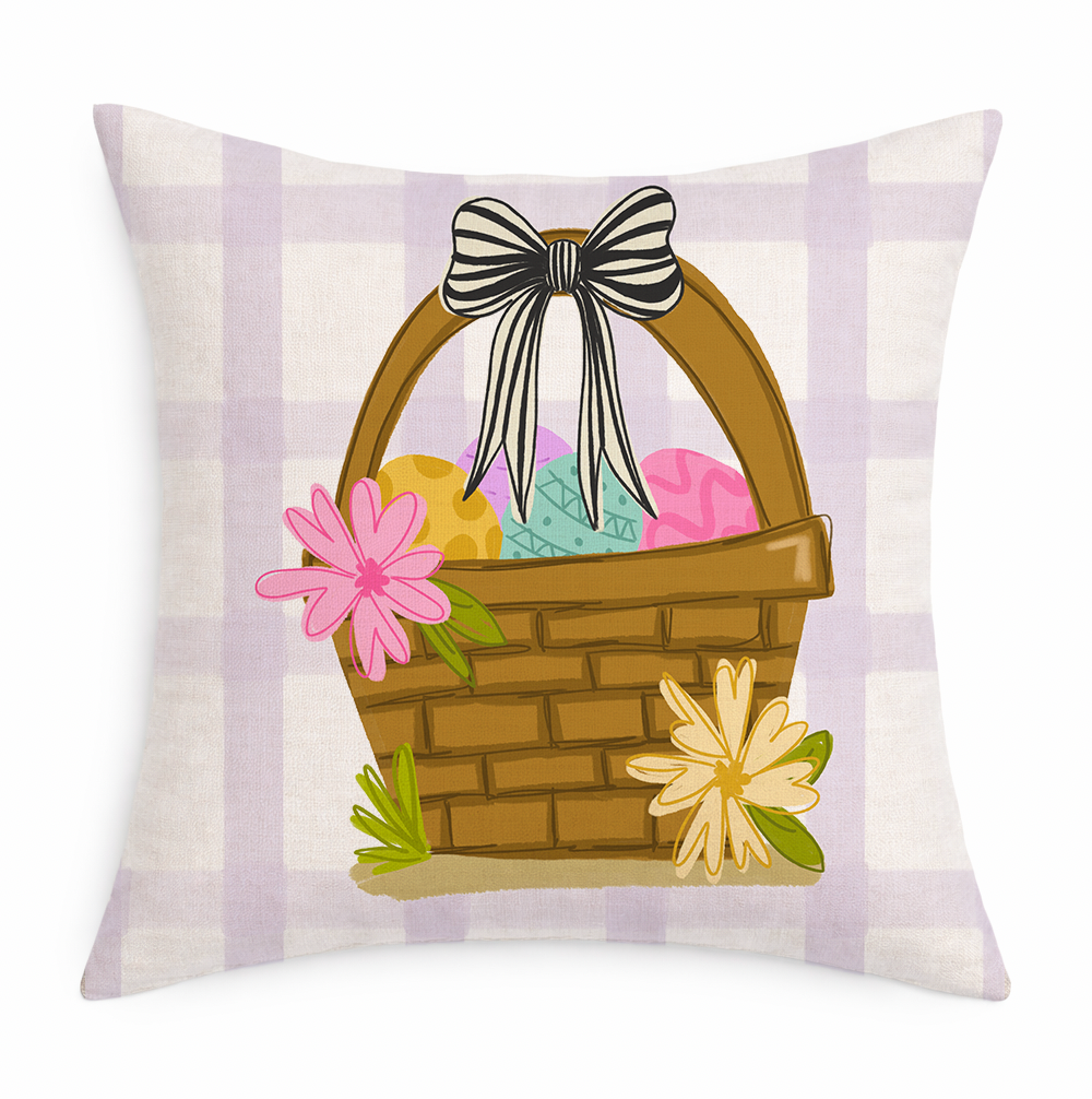 Decorative pillow with Easter basket design featuring eggs, flowers, and a bow on a plaid background.
