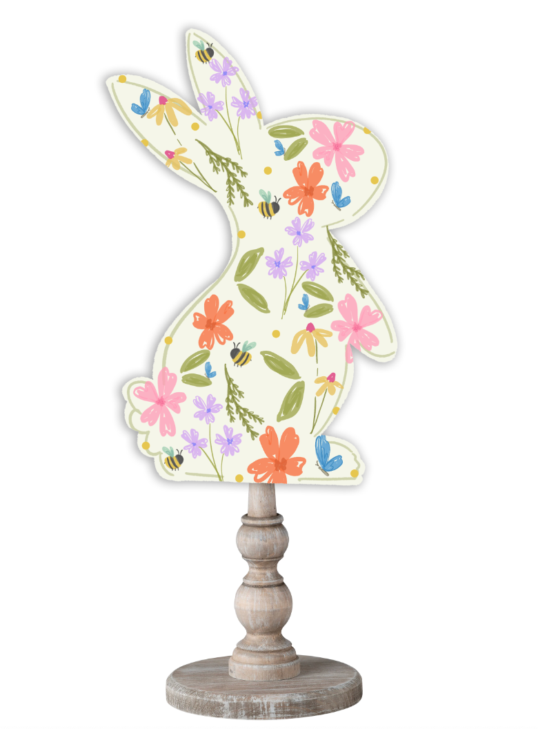 Doodles by Rebekah spring bunny decor featuring a whimsical floral and bumblebee pattern on a rustic turned wood stand.