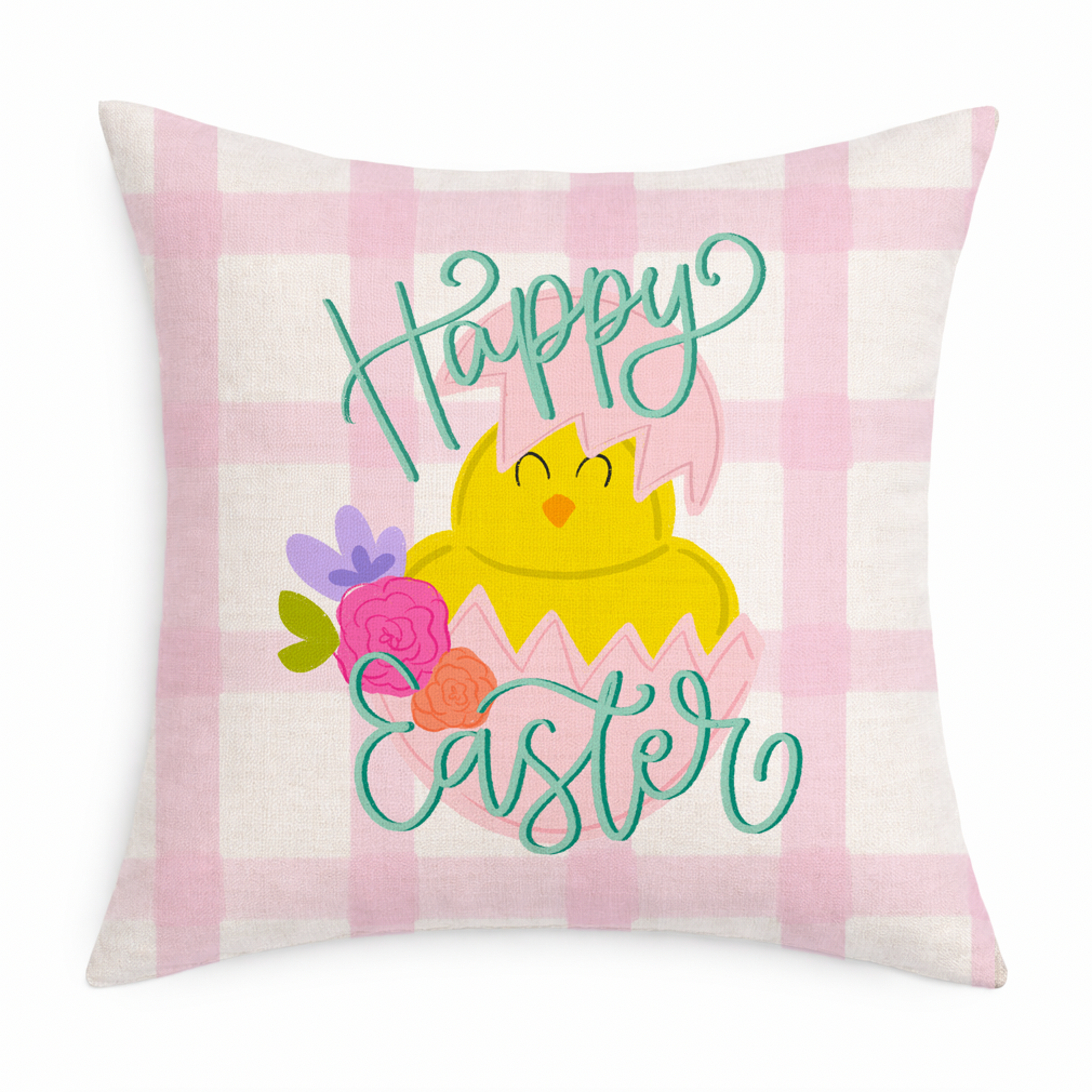 Decorative pillow with 'Happy Easter' text and chick design on a pink and white checkered background