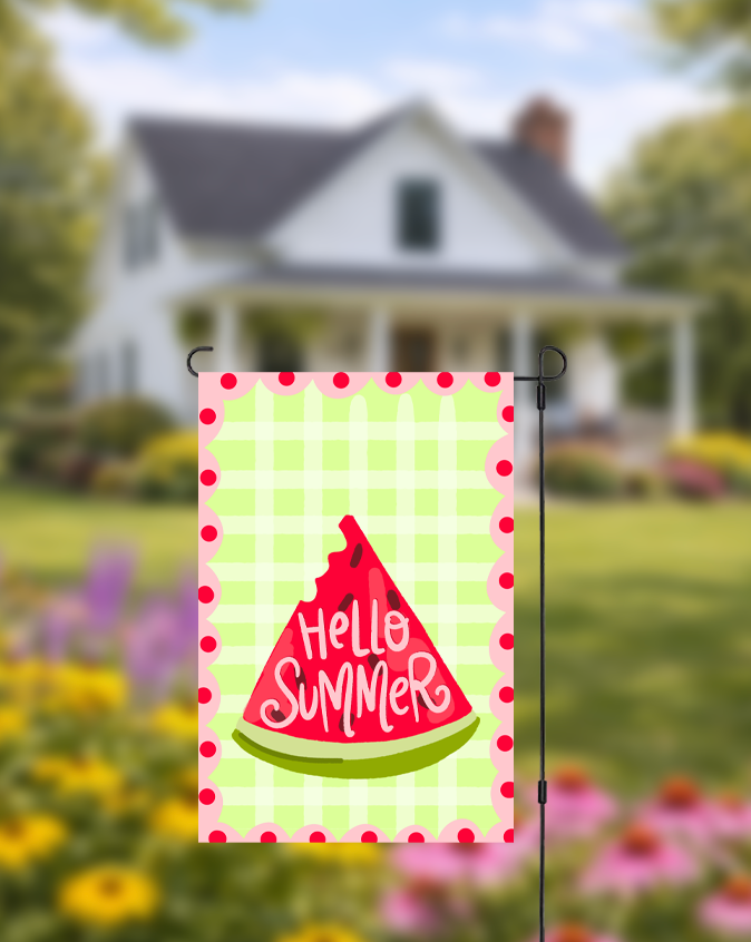 Doodles by Rebekah "Hello Summer" watermelon garden flag featuring a whimsical hand-painted design on a green checkered background. This vibrant outdoor seasonal decor is perfect for summer garden parties, front yard displays, or picnic decorations.
