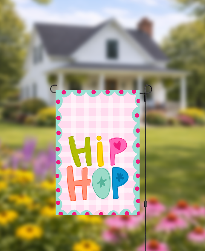 Doodles by Rebekah "Hip Hop" Easter garden flag featuring whimsical hand-painted typography and a pink checkered pattern. This colorful outdoor spring decor is perfect for a front yard or garden display.