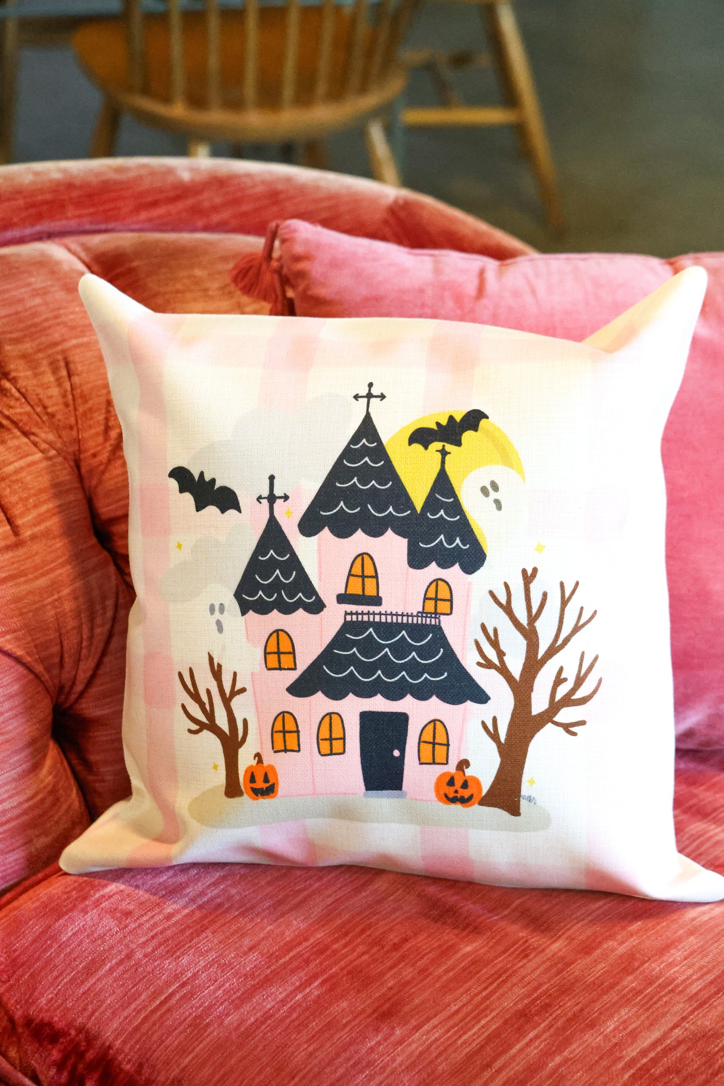 Pink Haunted House with Ghosts Square Pillow