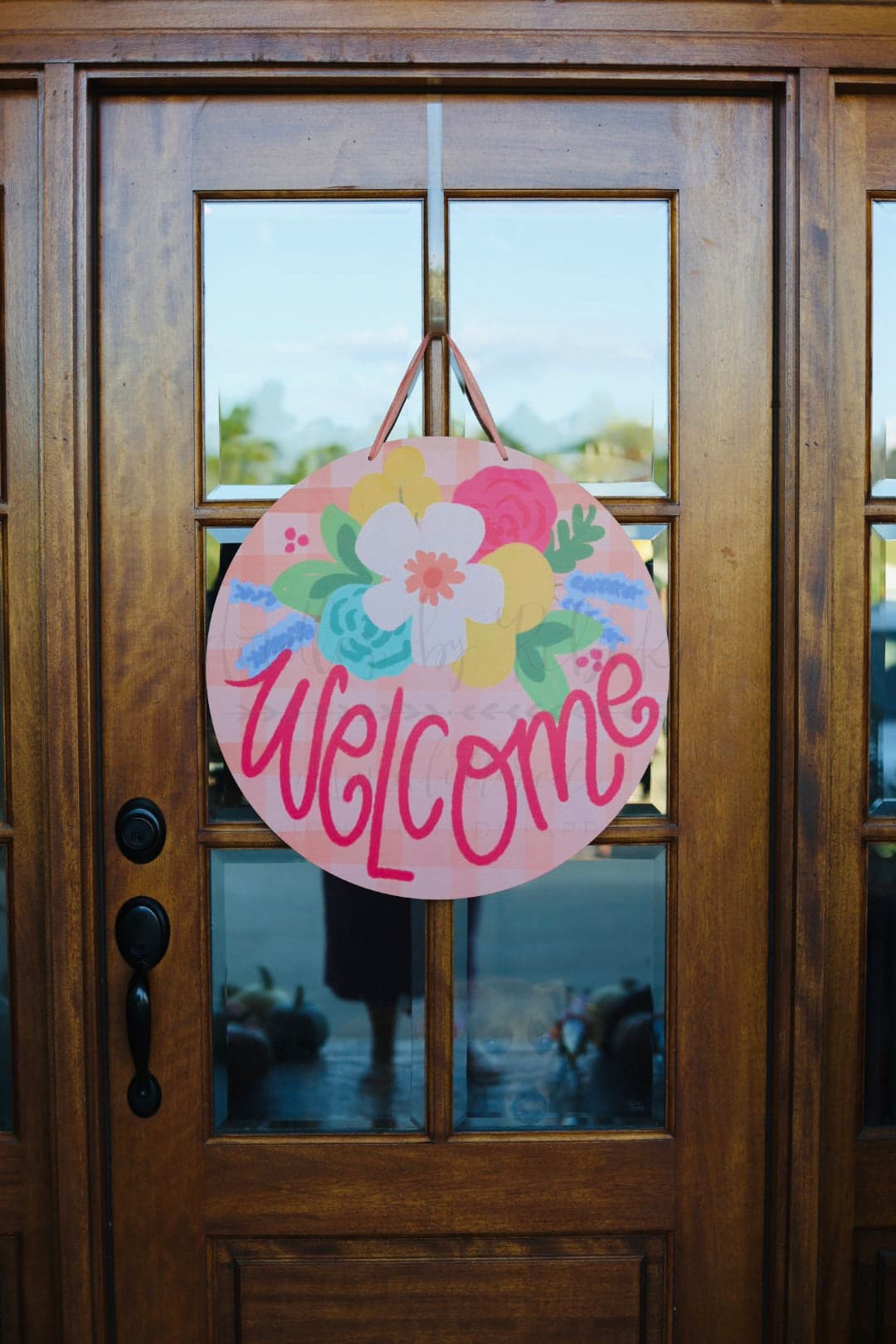 Welcome Pink Plaid Doorhanger - Topper