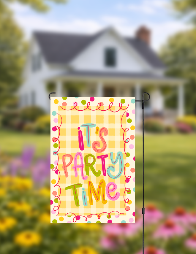 Doodles by Rebekah "It's Party Time" garden flag featuring whimsical hand-painted typography and a yellow checkered pattern. This vibrant outdoor celebration decor is ideal for birthdays or summer garden parties.