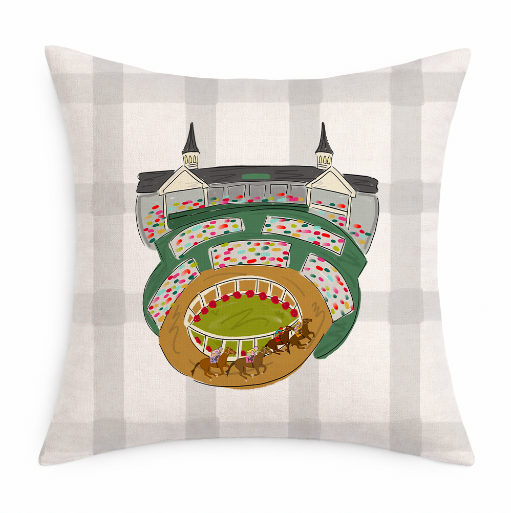 Decorative pillow with a horse racing design on a plaid background