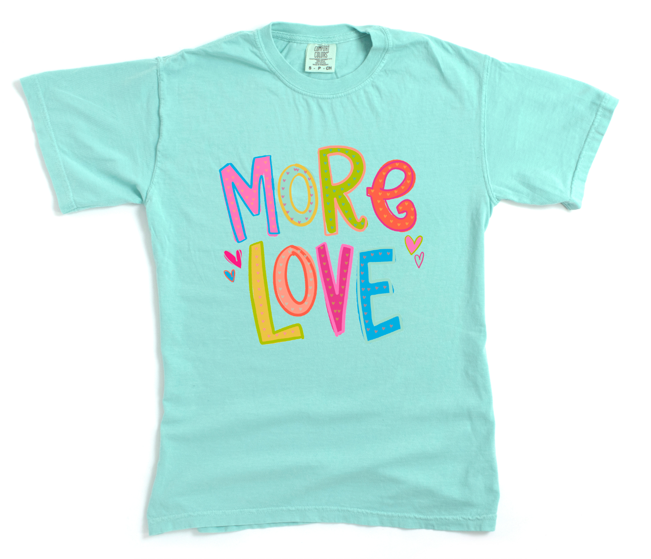Light blue t-shirt with 'More Love' text in colorful letters on a white background