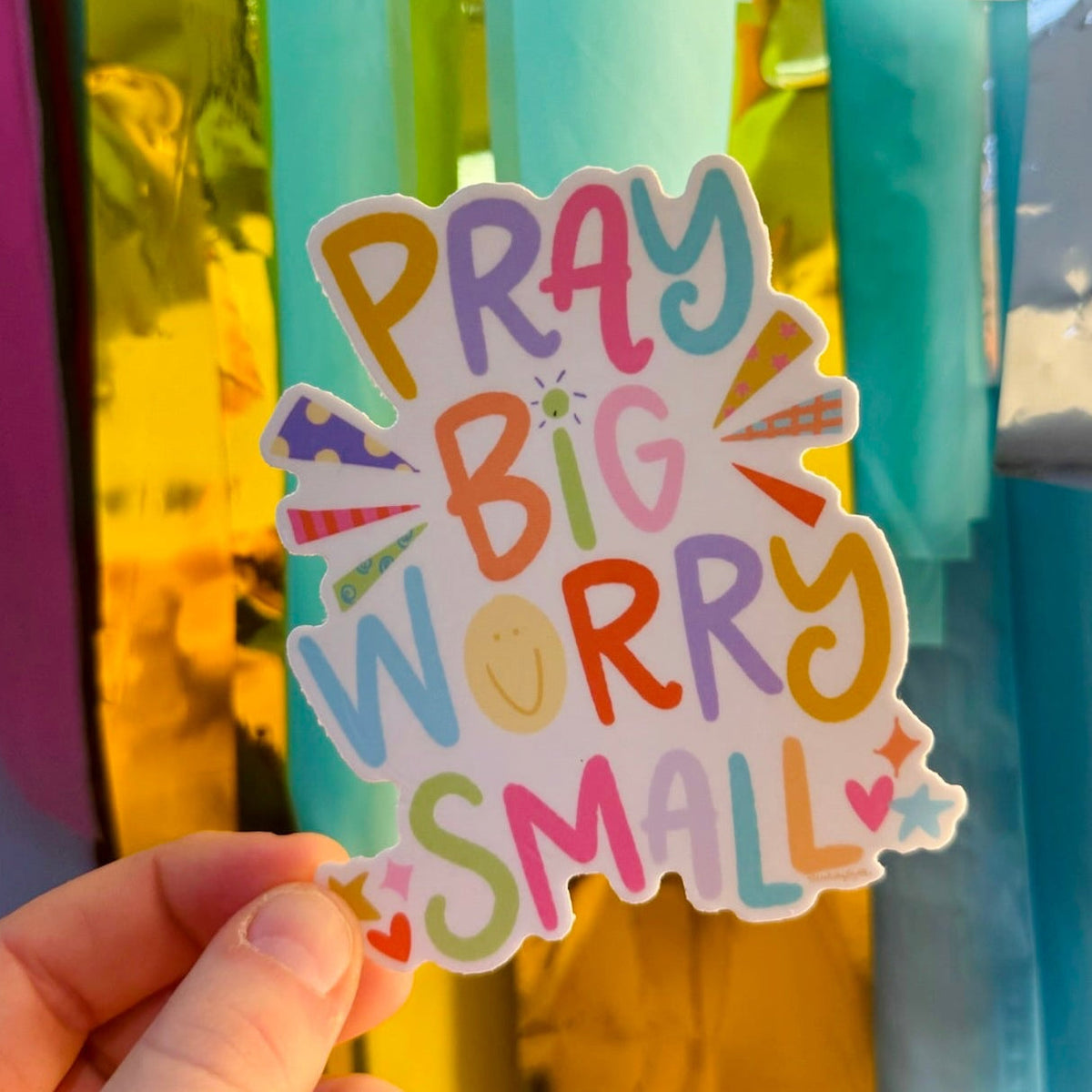 Doodles by Rebekah "Pray Big Worry Small" inspirational faith sticker. This colorful hand-painted vinyl decal with whimsical typography is a perfect motivational gift for decorating prayer journals, Bibles, water bottles, and laptops.