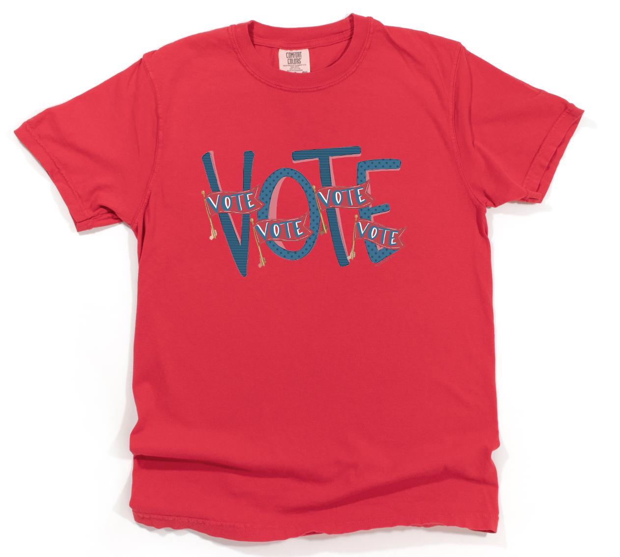 Red t-shirt with 'VOTE' text printed on it against a white background