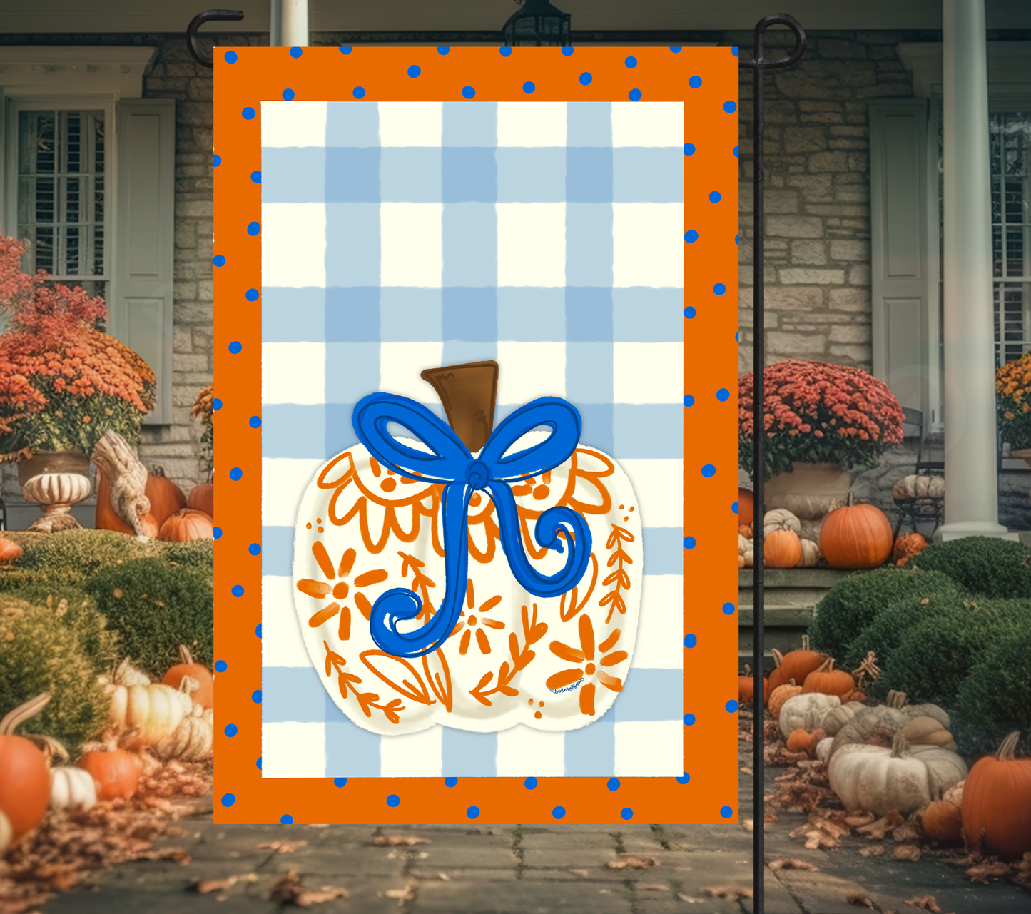 White Chinoiserie Pumpkin Bow Garden Flag