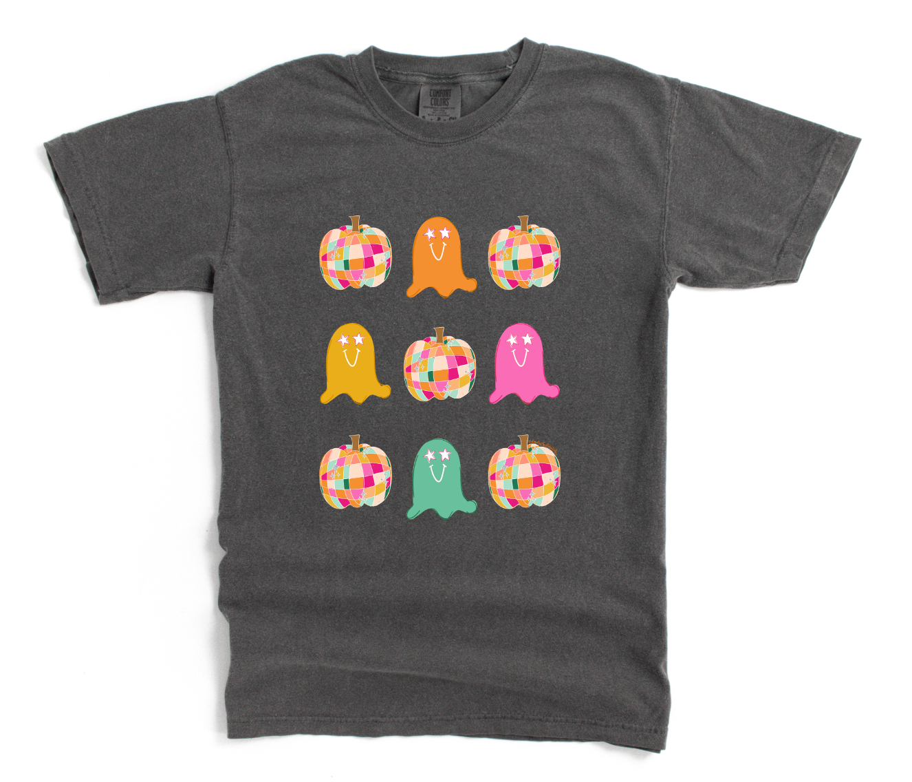 Gray t-shirt with colorful disco ball pumpkins and ghosts design on a white background