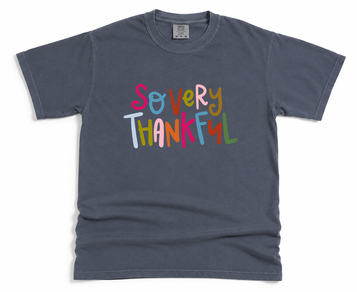 Gray t-shirt with 'So very Thankful' text in colorful letters on a white background
