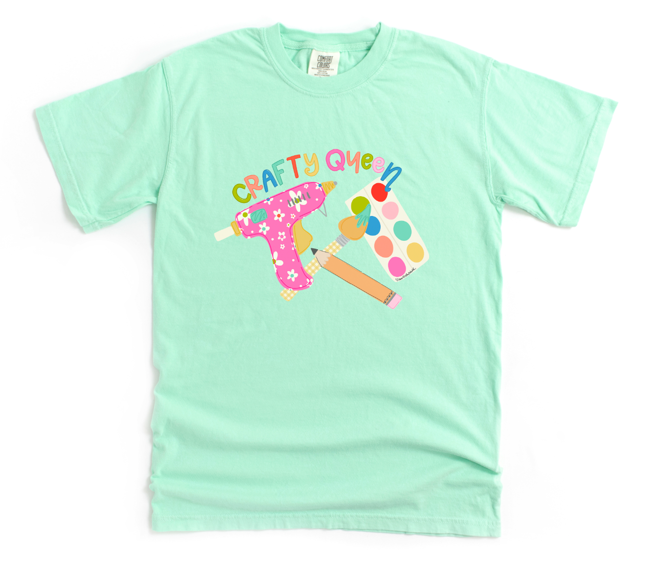 Mint green t-shirt with 'Craft Queen' text and graphics on a white background