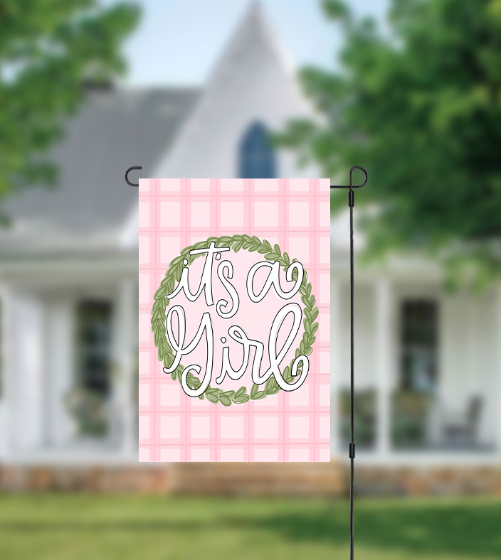 "It's a Girl" garden flag with a pink and white gingham background