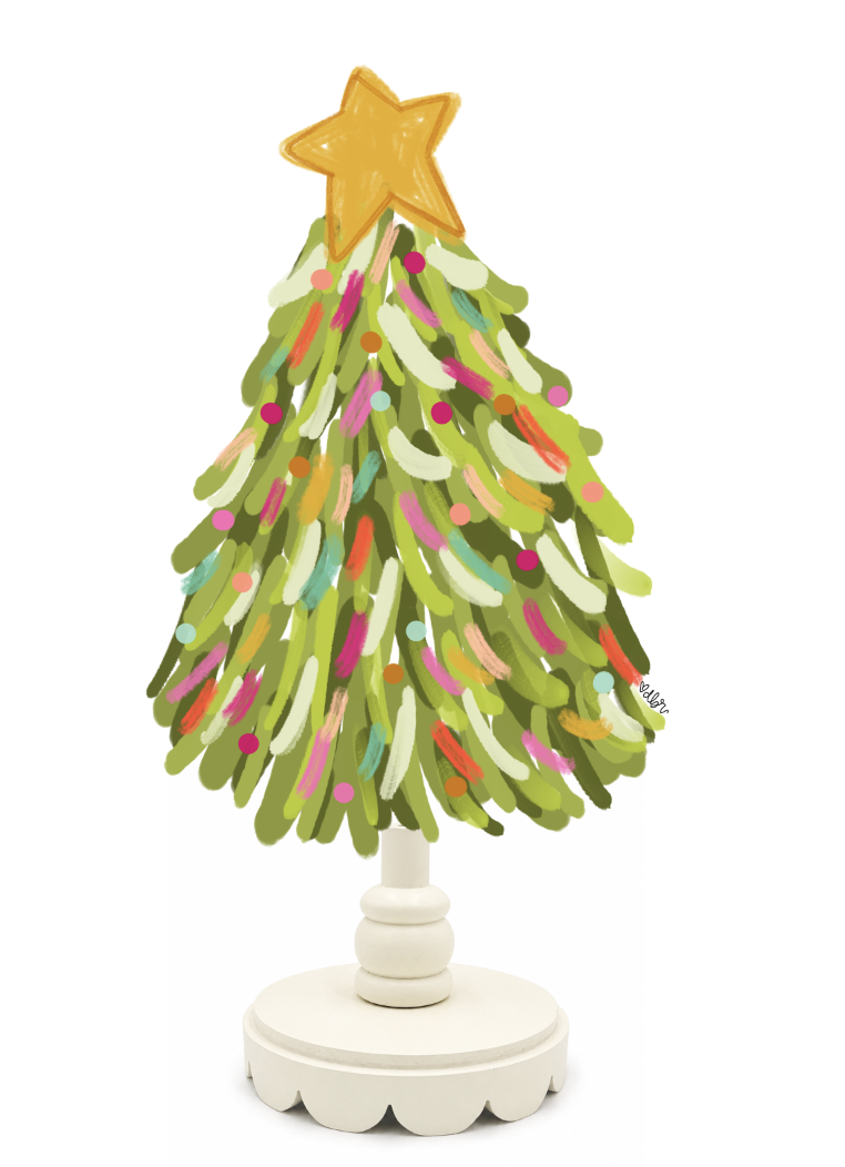 Colorful Christmas tree decoration with a star on top against a white background