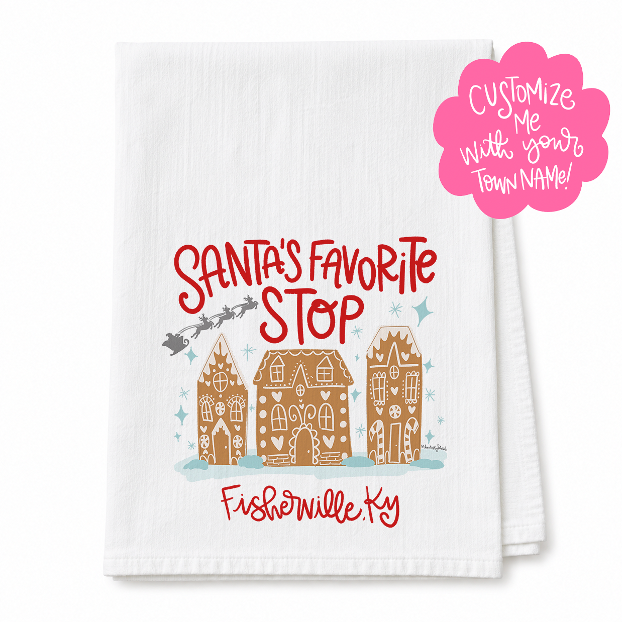 Santa's Fav Stop Custom Name Tea Towel
