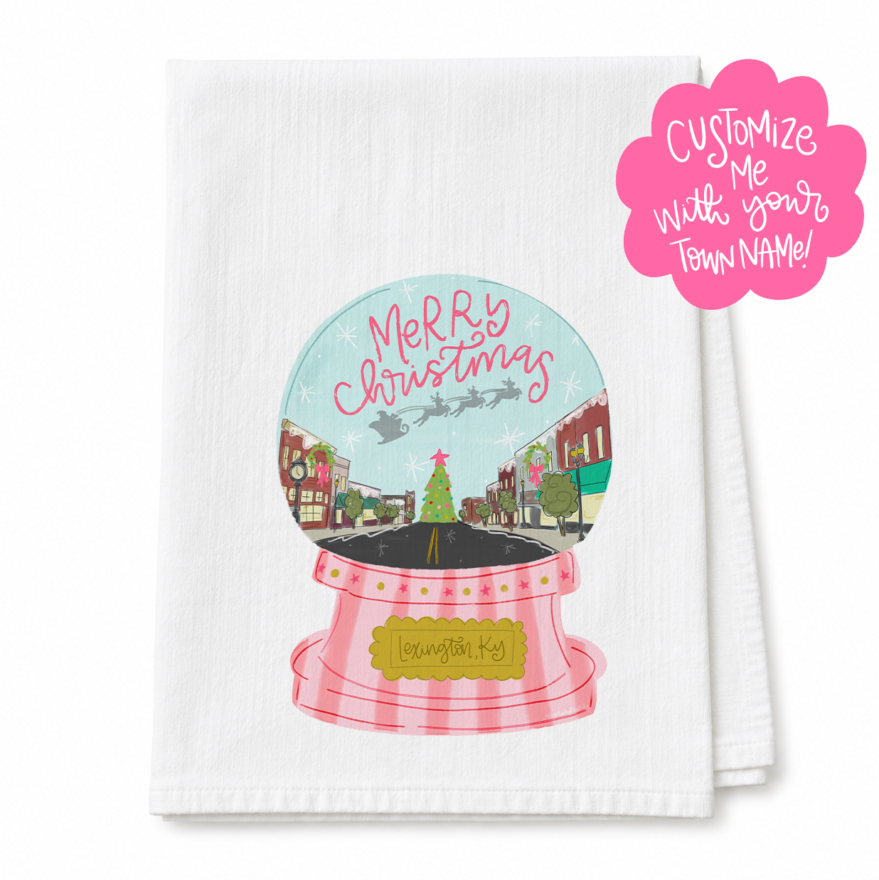 Custom Name- Pink Snow Globe Scalloped Tea Towel