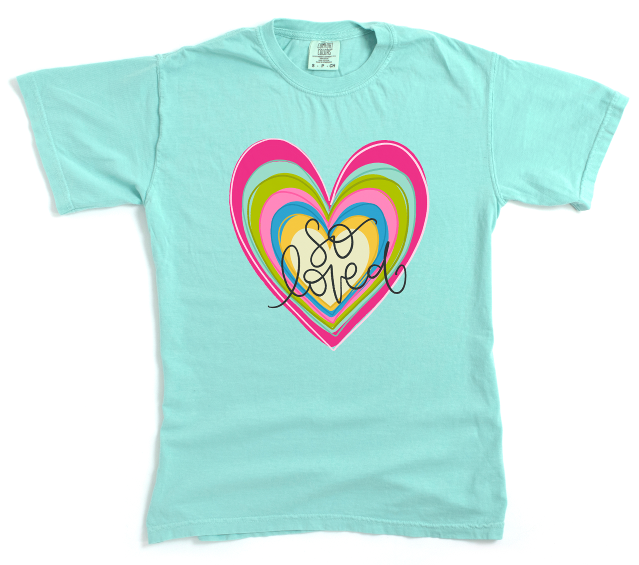 Light blue t-shirt with a colorful heart design and 'So Sweet' text on a white background