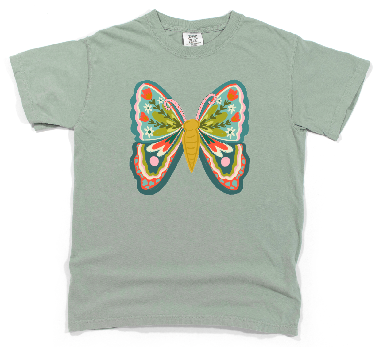 t-shirt with a colorful butterfly design on a light green background
