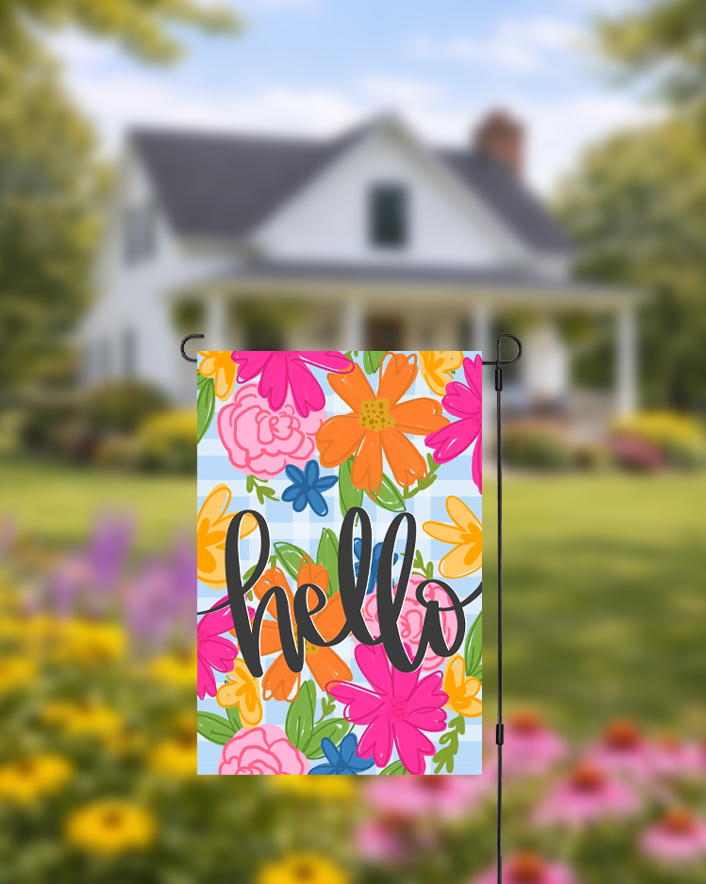 Spring Hello Floral Garden Flag over a background of a house and yard