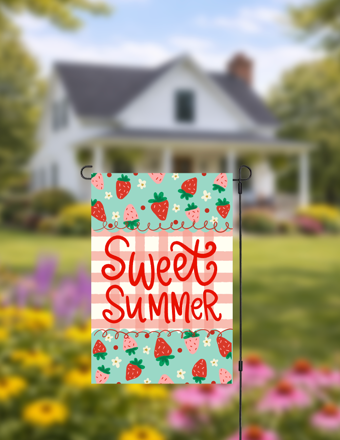 Strawberry Sweet Summer Garden Flag over the background of a home and yard