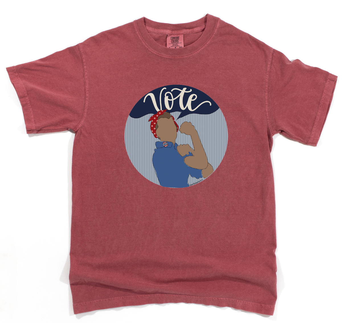 Red t-shirt with 'Vote' graphic featuring a stylized image of a woman on a white background