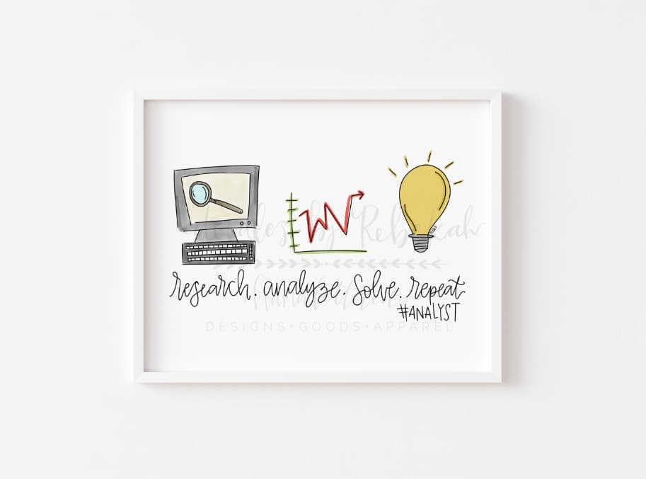 Framed picture of an analyst print on a white wall