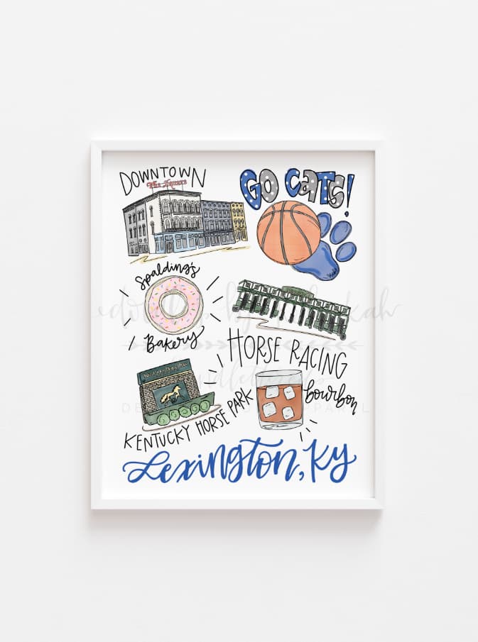 An 8x10 print titled 'Around The Town Of Lexington, KY' featuring various doodles and text related to the city of Lexington, KY, such as a doughnut, basketball, and horses.