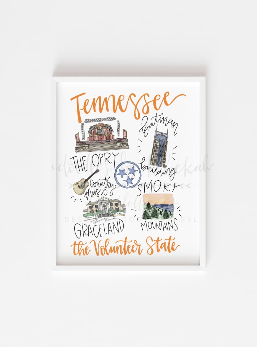 An 8x10 print titled 'Around The Volunteer State' with a handwritten-style typography, featuring illustrations of a guitar, the Grand Ole Opry, and other Tennessee-related elements.
