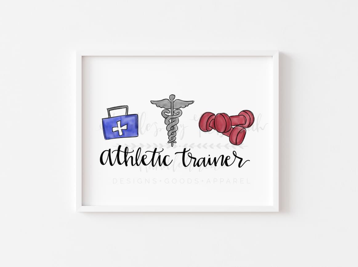 An 8x10 framable print featuring a cartoon-style illustration of an athletic trainer with a stethoscope, medical bag, and dumbbell, all in white on a white background.