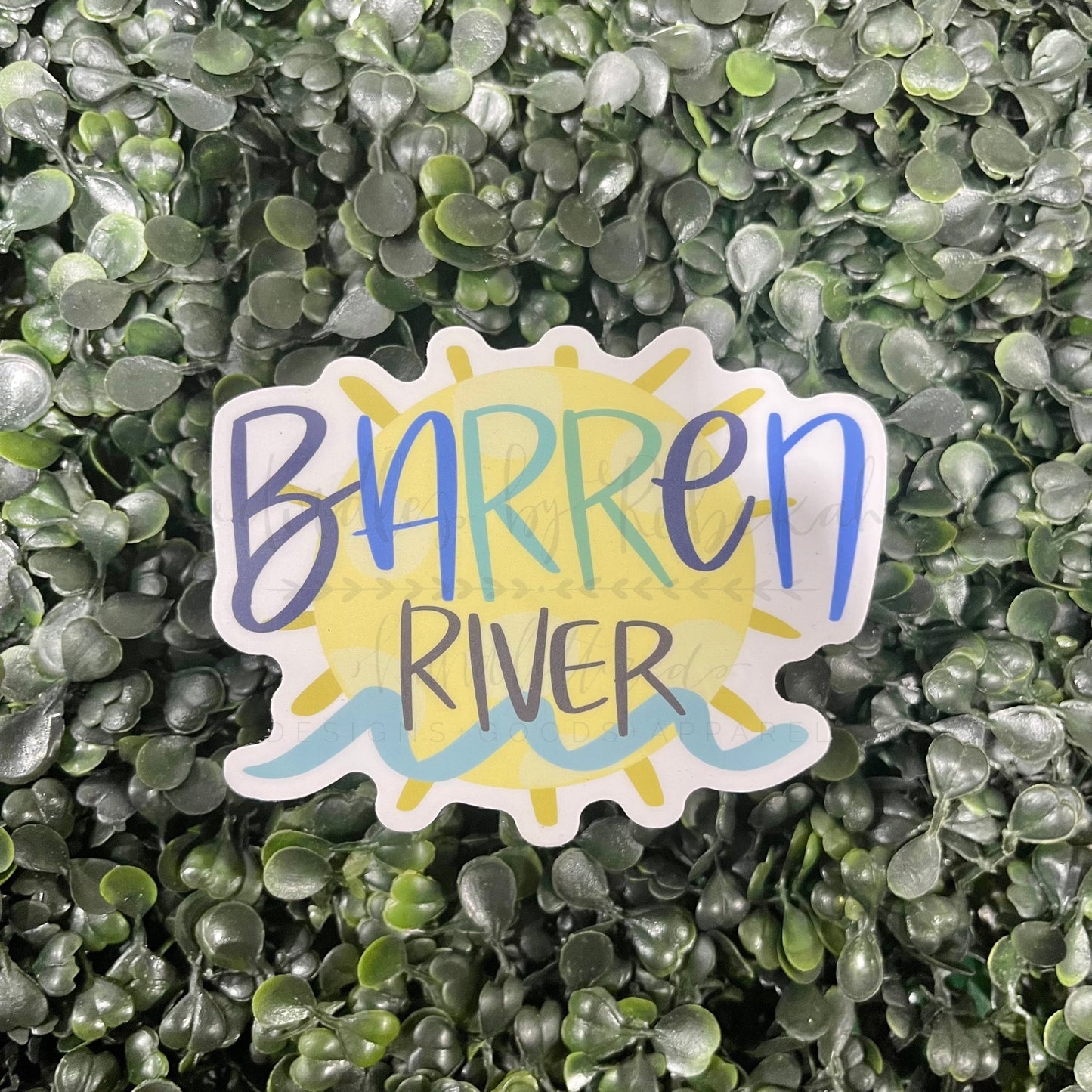 Vinyl sticker with sunshine and Barren River in multi-colors