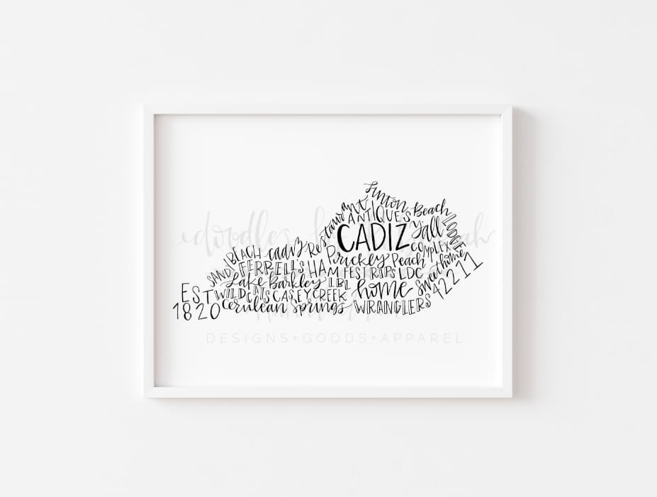 An 8x10 print of handwritten text in black ink, shaped like a boot to represent the state of Kentucky, with the word 'CADIZ' prominently displayed.