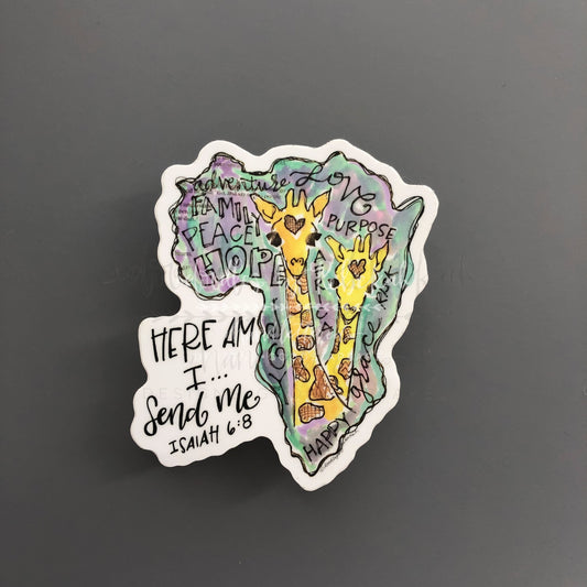 A sticker with a hand-drawn map of Africa and various designs including text and colorful patterns.