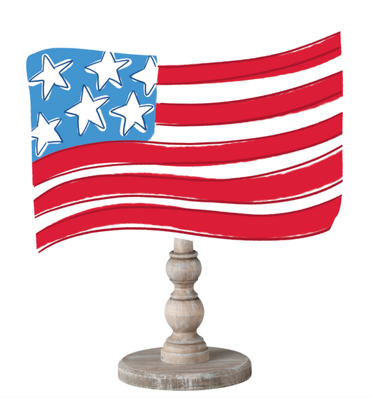 oodles by Rebekah patriotic American flag tabletop sign featuring a whimsical hand-drawn design on a rustic turned wood stand.