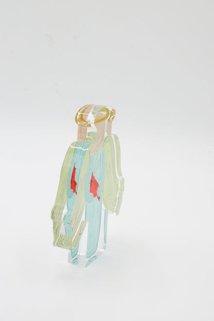 An angel shelf sitter with a cardinal side view with a white background