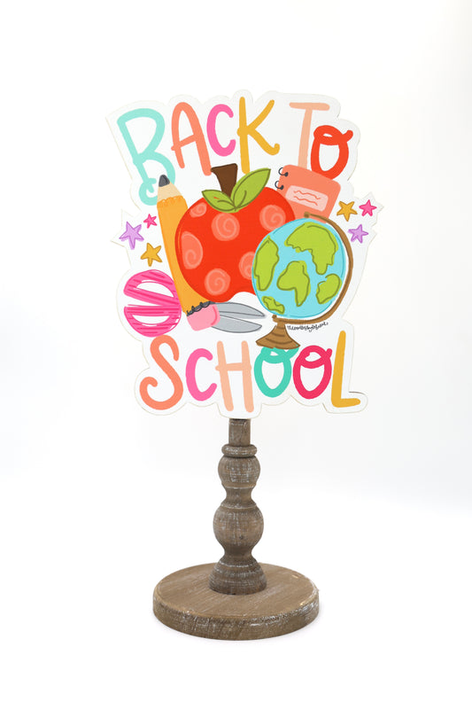 Decorative sign with 'Back to School' text and educational symbols on a white background