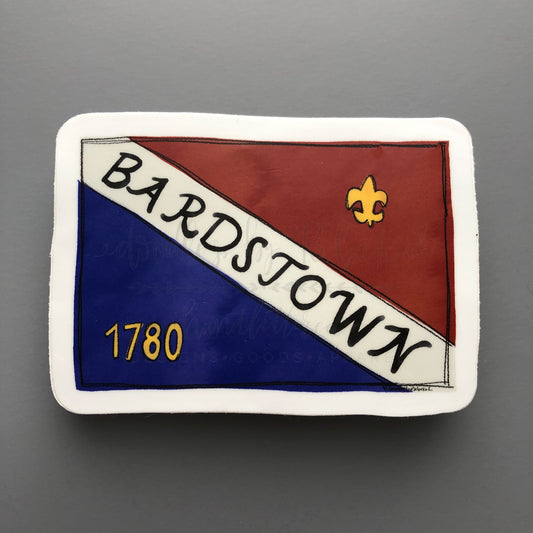 A sticker representing the Bardstown flag, featuring red, blue, and white colors with the text 'BARDSTOWN 1780' and a gold emblem.