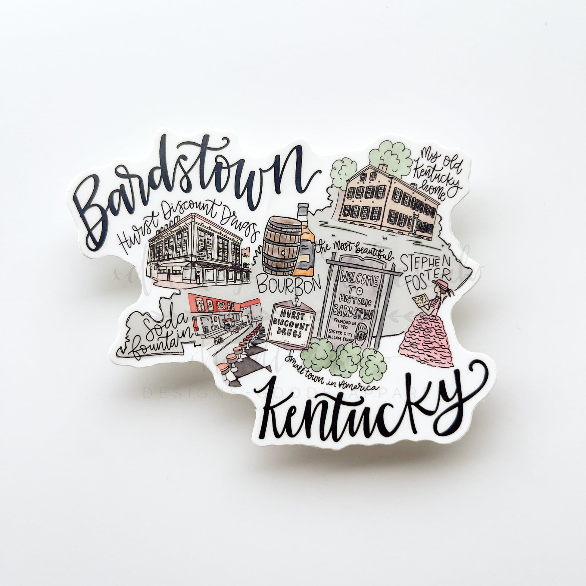 A sticker depicting a map and notable landmarks of Bardstown Kentucky, with hand-drawn illustrations and typography.