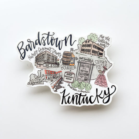 A sticker depicting a map and notable landmarks of Bardstown Kentucky, with hand-drawn illustrations and typography.