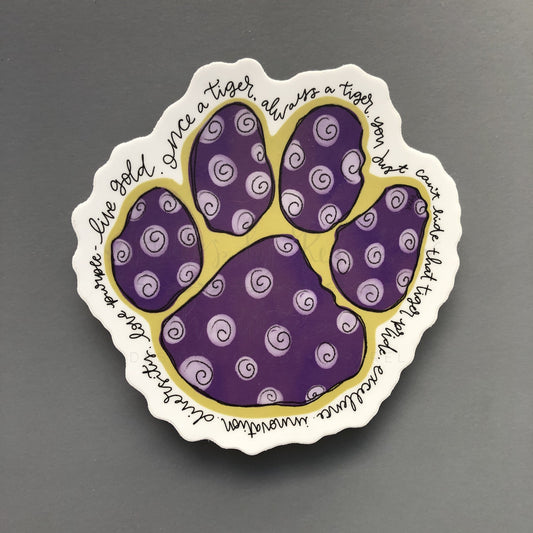 A sticker with a design resembling a paw print containing purple patterns on a white background, with text that includes ' Bardstown Tigers.'.