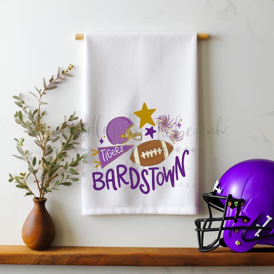 A white polyester tea towel with a doodle of Bardstown Tigers football