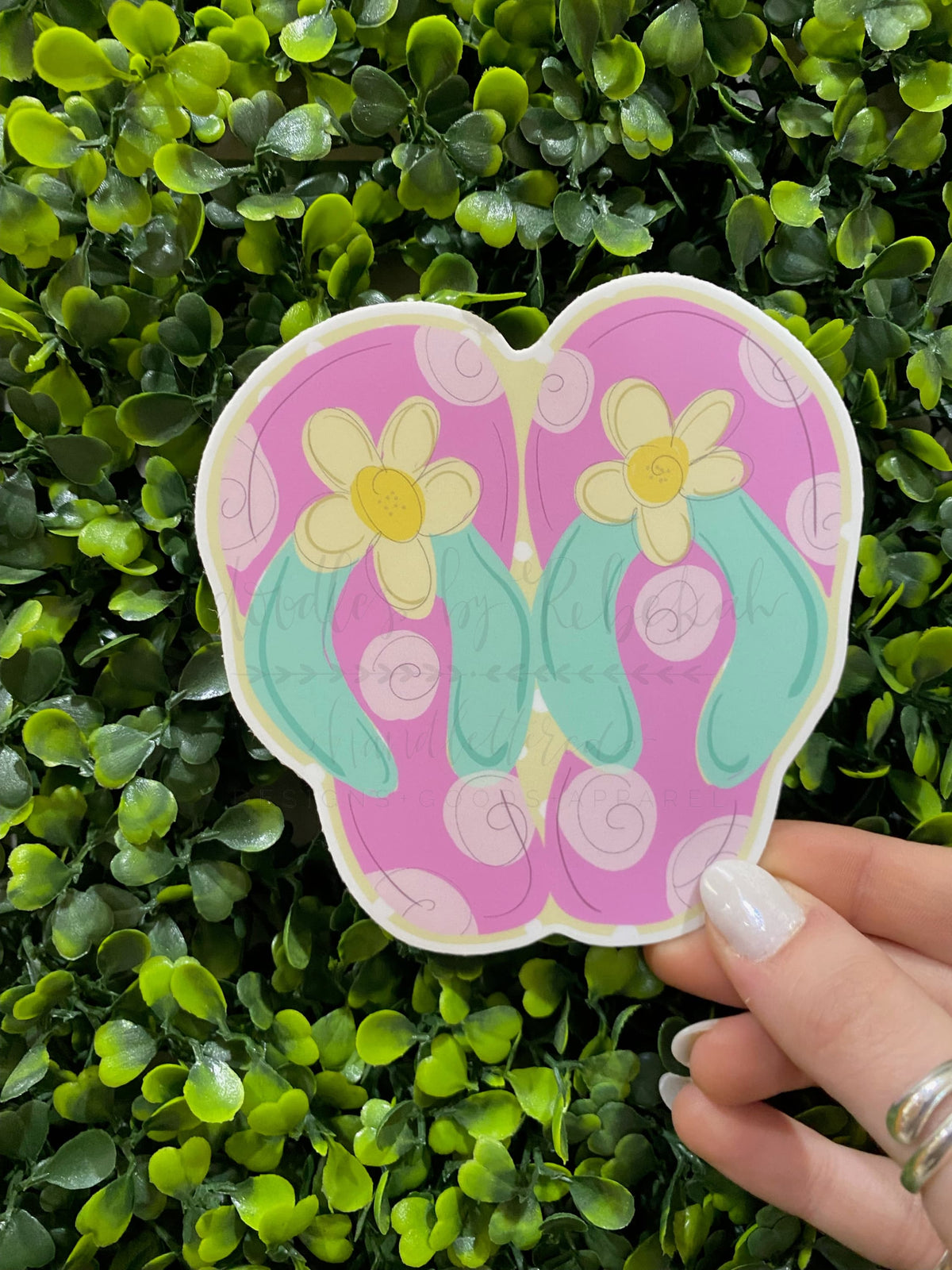 colorful sticker with graphic of flip flops with polka dots and flowers