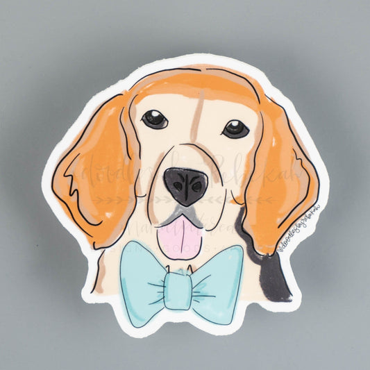 A sticker depicting a cartoon image of a Beagle dog with a bow tie.