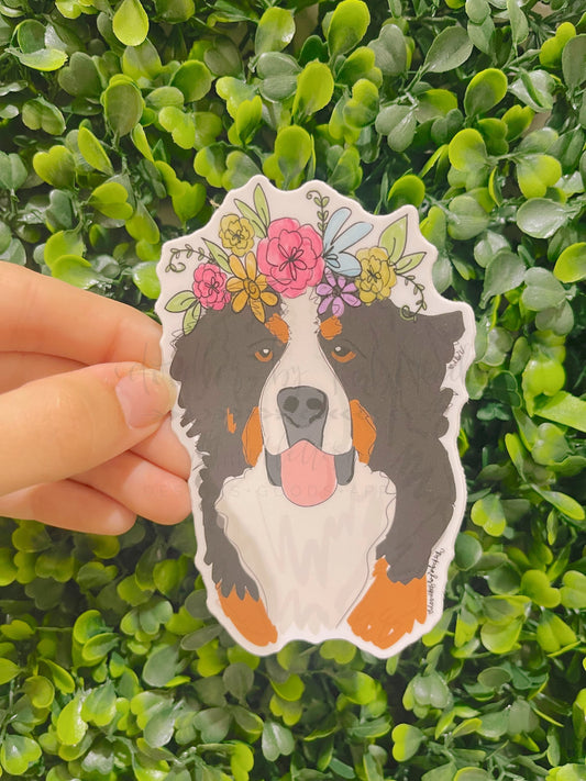 Sticker of Bernese Mountain Dog wearing a flower crown