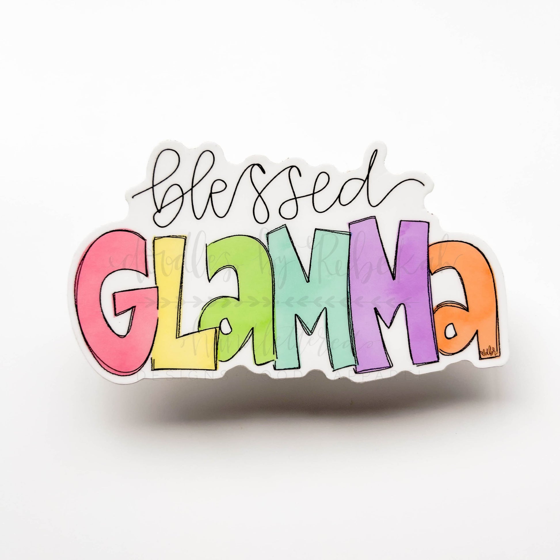 A colorful sticker with the text 'Blessed Glamma' in a circular shape, designed for use on various surfaces.