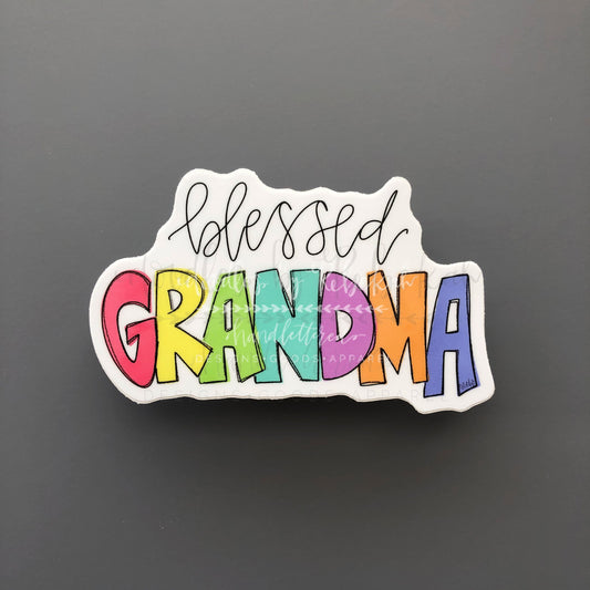 sticker readying "blessed Grandma" in colorful handwriting for various surfaces