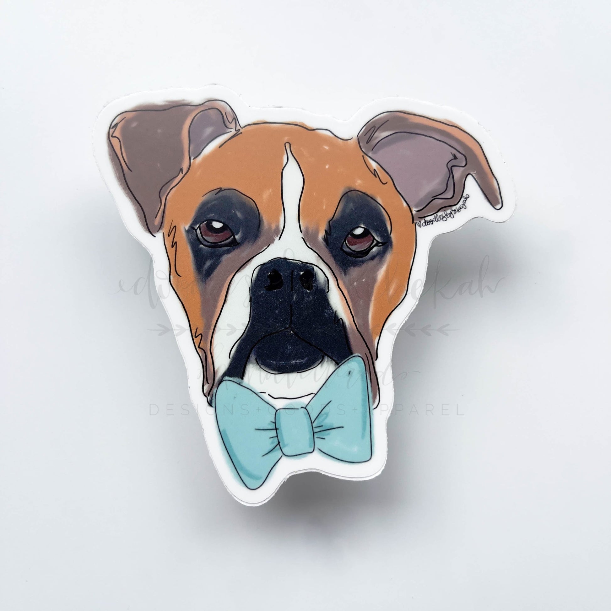 A sticker with a whimsical drawing of a boxer in a bowtie 